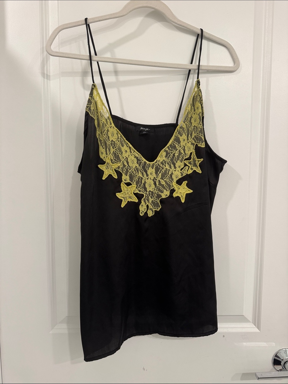 Black Satin Cami with Lime Lace Trim